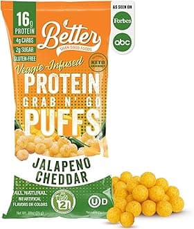 Better Than Good Snacks Savory Keto, Gluten-Free Jalapeno Cheddar Protein Puffs (4-Pack) - Paleo, Low Sugar, Low Calorie, Diabetic Friendly | 16g Protein & 2 Servings of Fruits & Veggies