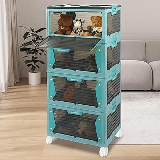 Rainberg Large Storage Boxes with Lids, Strong & Sturdy Plastic Storage Boxes, Stackable Nestable Container for Home & Office use. (Blue & Grey, 4 Tier 200L Storage)