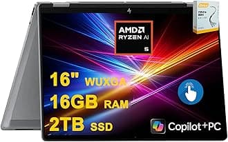 OmniBook X Flip Copilot+ AI PC 2-in-1 Laptop | 16" WUXGA Touch (400nits) | AMD 6-core Ryzen AI 5 340 (Up to 50 Tops) | 16GB DDR5 2TB SSD | Backlit 5MP IR Privacy Camera Win11Pro w/DLCA Accessory