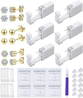 Ear Piercing Kit Disposable Ear Piercing Gun Kit with Sterile CZ Ball Studs Easy and Safe Earring Self for Own at Home(Gold Mixed Patterns 4mm)