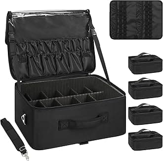 Extra Large Makeup Case Professional Cosmetic Storage Organizer Box Brush Holder with 4 Clear Set Bags & Lipstick Plate for Makeup Artists with Shoulder Strap & Adjustable Dividers