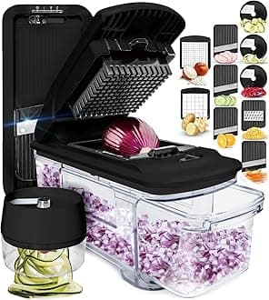 All-in-1 Vegetable Chopper, Mandoline Slicer & Cheese Grater - Multi Blade French Fry Cutter & Veggie Dicer - Includes Bonus Handheld Spiralizer & Kitchen Gadgets (6 in 1, Black)