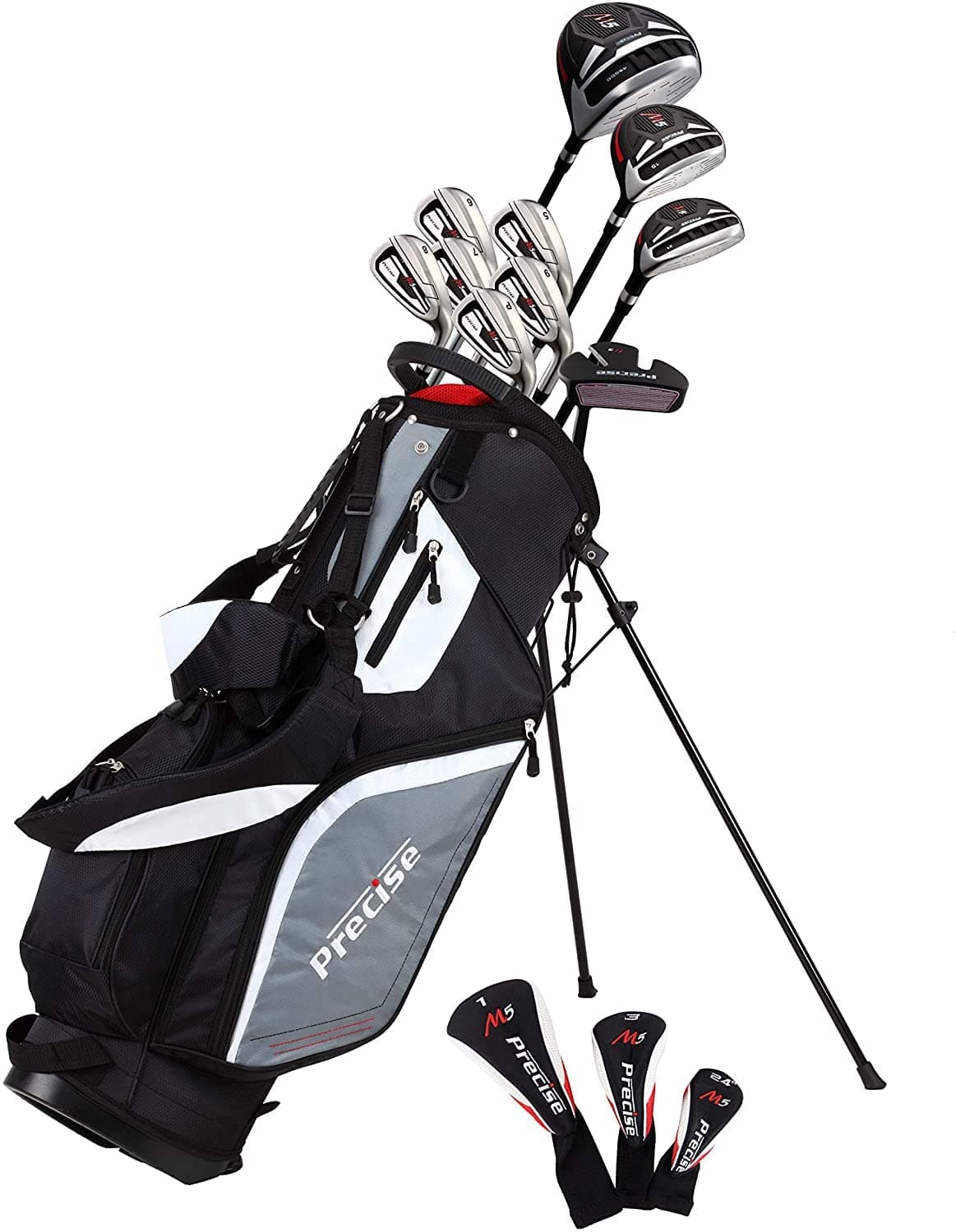 Precise M5 Men's Complete Golf Clubs Package Set Includes Titanium Driver, S.S. Fairway, S.S. Hybrid, S.S. 5-PW Irons, Putter, Stand Bag, 3 H/C's