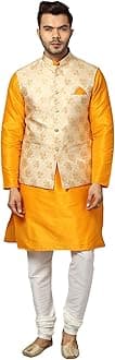 Uri and MacKenzie Men's Silk Blend Regular Kurta Churidar Pyjama with Bundi Nehru Jacket/Waistcoat