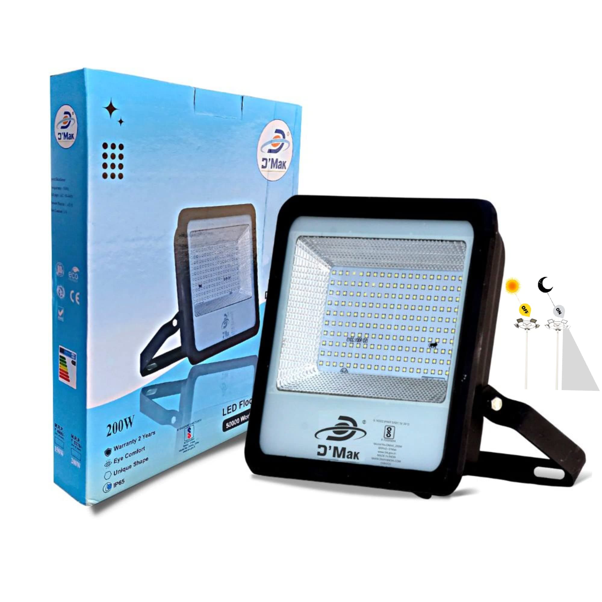 D'Mak Automatic Sensor System LED Flood Light White Focus Grey Body Down Chock Waterproof IP65 for Outdoor Purposes (200W LED Flood Light, 1)