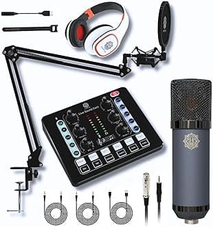 Condenser Microphone Kit with Studio Headphones, Live Sound Card, Boom Arm Stand, Shock Mount and Pop Filter Ideal for Recording, Starmaker Singing, Live Streaming and Podcast Setup (D-440)