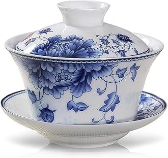 Gaiwan Chinese Cover Bowl 7.44oz Rich Noble Peony Style Porcelain Gongfu Tea Cup with Saucer and Lid Blue and White Tea Service for Home Décor