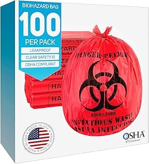 Biohazard Waste Bags, 10-Gallon, 100 Count, Red, No Leak Bags, Medical Grade, Safe Infectious Waste Disposal
