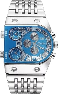 CARLIEN Men’s Luxury Rectangle Square Gold Silver Big Face Luminous Waterproof Quartz Watch Sports Multi-Time Zone Military Stainless Steel Male Dress Wristwatch