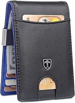 TRAVANDO Money Clip Wallet RIO - Mens Wallets slim Front Pocket RFID Blocking Card Holder Minimalist Mini Bifold Gift Box (Smooth Leather, Black & Blue)