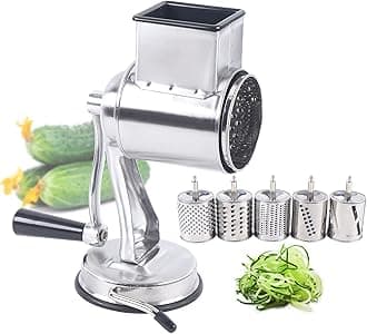 5-in-1 Rotary Cheese Grater Vegetable Slicer Large, Rotary Cheese Grater with Handle Stainless Steel, Kitchen Mandoline Vegetable Slicer, Potato Slicer Rotary for Cucumbers, Lemons, Apples