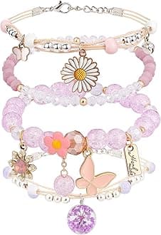 4PCS Beaded Charm Bracelets for Teen Girls Dainty cute cartoon Crystal Beads Pearl Bracelets anklets set for woman and girls Adjustable Stretch bracelet birthday Gift For Friends