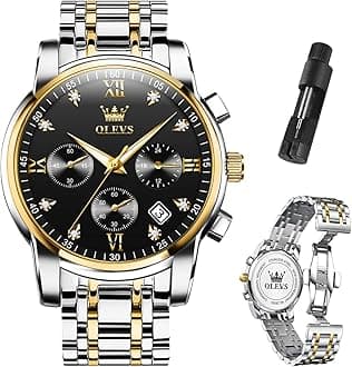 Mens Watches Luxury Waterproof Luminous Easy Read Chronograph Watches Full Gold/White Dail/Black Face with Calendar Wrist Watches