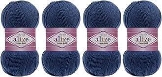 55% Cotton 45% Acrylic Yarn Alize Cotton Gold Thread Crochet Hand Knitting Art Lot of 4skn 400 gr 1444 yds (279-Midnight Blue)