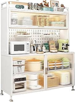 White Metal 5 Tier Kitchen Baker's Rack with Cabinet and Pegboard Large Storage Shelves for Garage Pantry Home Kitchen Organize Spices Pots and Pans