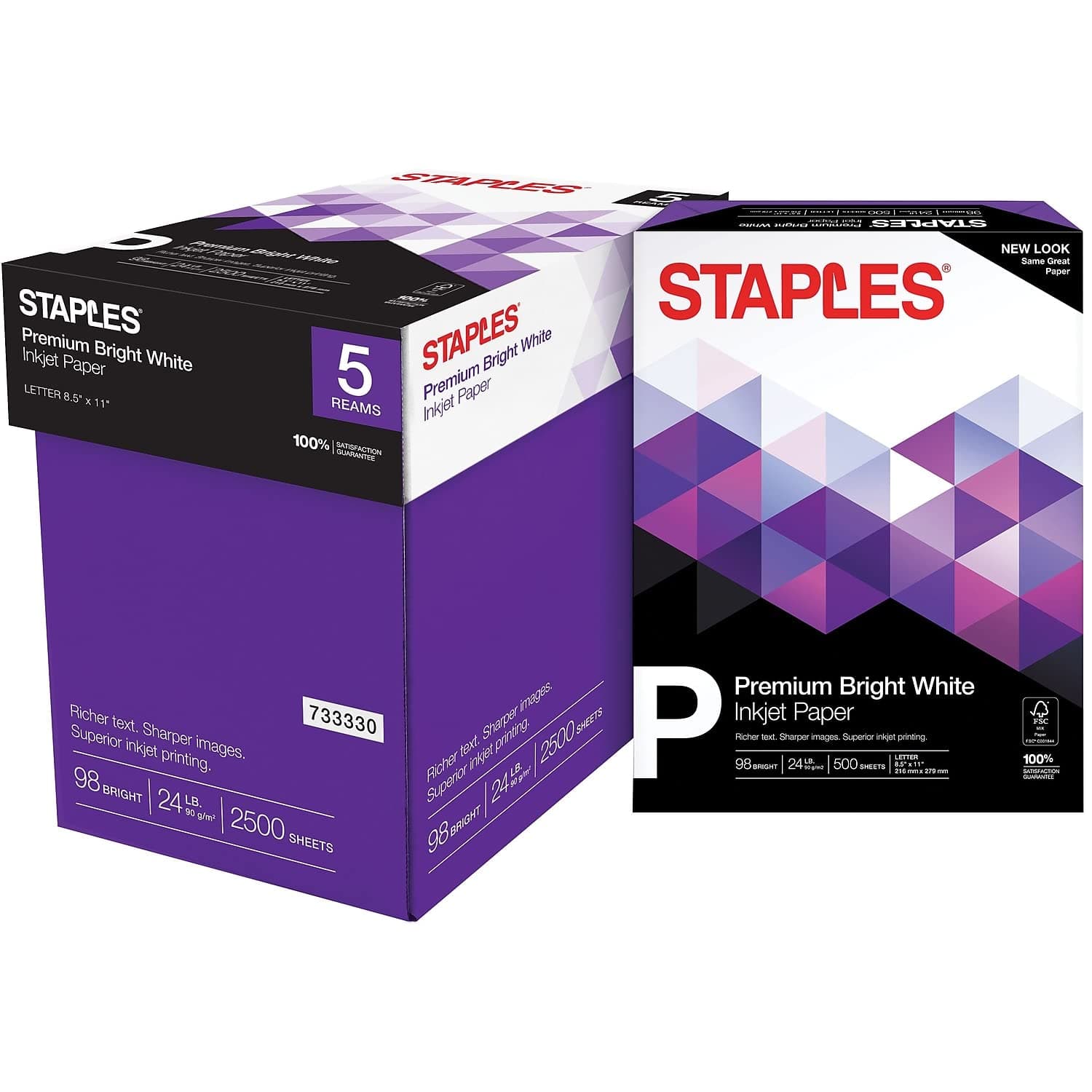 - Staples Inkjet Paper – 8.5” x 11” Multipurpose, 24 lbs, 98Bright, 5-Reams/Carton