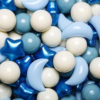 Ball Pit Balls Stars Moon Shapes Plastic Pitballs for Toddler Play Tent Baby Photo Props Kids Pool Water Toys Kiddie Pool Party Decor, Pearl Blue+Cream Blue+White,100PCS