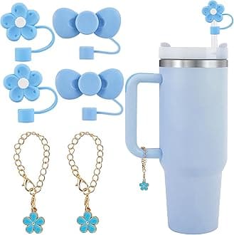 Silicone Straw Cover Caps for Stanley Cup 30 & 40 Oz Tumbler,4 pcs Colourful Flower Straw Tips and 2 pcs Handle Charms Set for Stanley Cup Accessories(blue)
