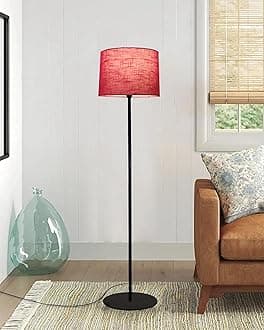 Homesake® Modern Floor Lamp for Living Room Traditional Farmhouse Boho Floor Lamp Mid-Century Pole Lamp with Linen Lamp Shade Modern Bohemian Corner Lamp for Living Room Bedroom Office (Red)