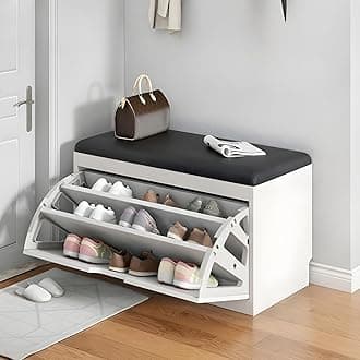 LITFAD Modern Shoe Storage Bench with Doors Entryway Shoe Bench with Cushion Seat Hallway Bench with Shoe Storage Cabinet Free Standing Hidden Shoes Organizer - 20" L x 12" W x 18" H Black