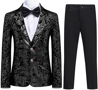 Boyland Boys Jacquard Suit Slim Fit Tuxedo Suits Jacquard Notch Lapel Tux Jacket Pants Party Formal Wear Silver Black Blue
