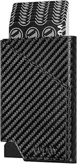 VULKIT Pop up Card Wallet RFID Blocking Slim Aluminum Metal Bank Card Holder Case with Business Money Pocket for Credit Cards Notes and Coins, Carbon Fiber Black, 10.9 x 7 x 1.3 cm, Slim Wallet