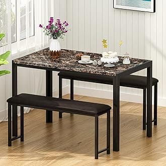 Dining Room Table Set with 2 Benches, Dining Table Set for 4-6, Dinner Table Set for 4, Faux Marble Breakfast Table Set & PU Leather Upholstered Benches for Small Spaces, Apartment, Brown