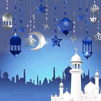 Cheerland Blue and Silver Star Crescent Moon Lantern Garland for Ramadan Eid ...