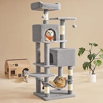 Feandrea Cat Tree, 59.5-Inch Tall Cat Tower, Plush Multi-Level Condo with 5 Scratching Posts, 2 Perches, 2 Caves, Hammock, 2 Pompoms, Light Gray UPCT192W01