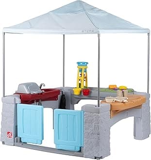 Step2 All Around Playtime Patio with Canopy, Kids Indoor/Outdoor Kitchen Playset & Sensory Playhouse, Made of Durable Plastic, Includes 16 Piece Toy Accessories, for Toddlers 2+ Years Old, Blue