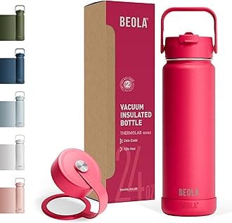 750ml Water Bottle 18/8 Stainless Steel 304 Double Wall Insulated Thermos Bottle with Straw Lid and wide mouth, 2 lids included, Hot Cold Liquids Sports Bottle, 24oz (Raspberry)