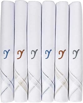 Caruso Italy Men's Initial Monogram Embroidery 100% Pure Cotton Handkerchief White Base With Colored Border - Pack Of 6