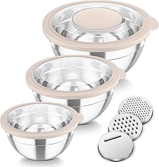 TeamFar Mixing Bowls, 3PCS Stainless Steel Serving Salad Bowls with Lids & 3 Graters, For Kitchen Mixing/Baking/Storing/Prepping, Visible & Airtight, Easy Clean - 4.5/3 / 1.5 QT, Khaki