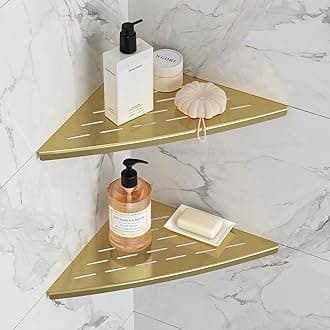 Corner Shower Shelf Brushed Golden, 304 Stainless Steel 11.5” Recessed Corner Shelf Bathroom for Tiled Wall, Floating Shower Shelves Shampoo Holder, No Drilling, 2 Pack