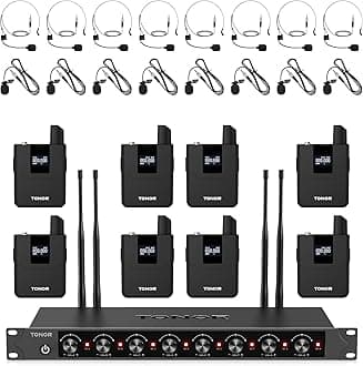 TONOR Wireless Microphones System with 8x12 Channels Headset/Lavalier Lapel Mics, Bodypack Transmitter, Receiver, 90 m/295ft UHF Range for Church Conference Performance Singing Karaoke PA Speaker