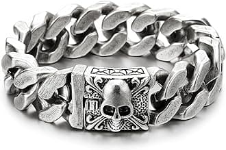 Mens Large Vintage Brushed Finishing Steel Curb Chain Bracelet with Fleur De Lis and Skull