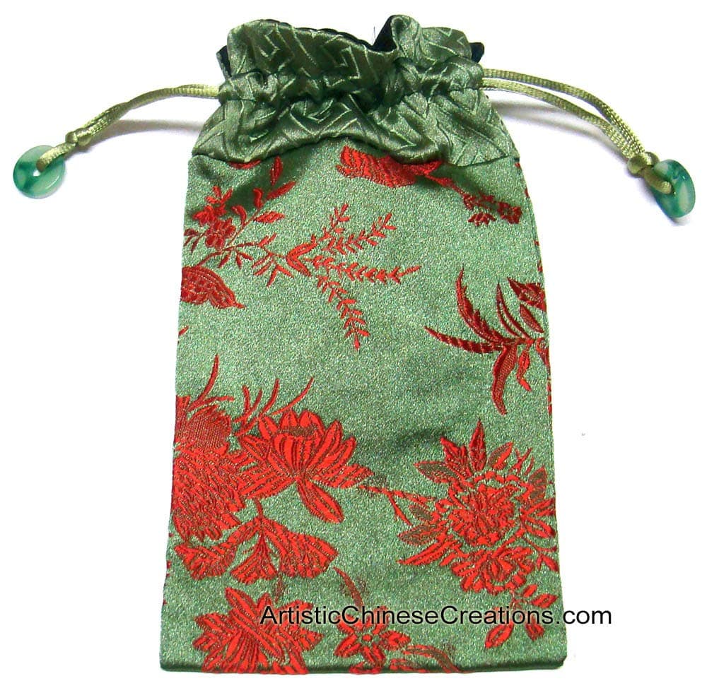 Chinese Silk Draw String Pouch - Flowers