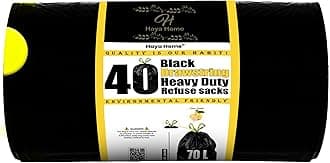 70L litre 40 Drawstring Bin Bags Heavy Duty Bin Liners, Black Plastic Refuse Sacks tie top handle large Waste Dustbin Bags for Kitchen Office DIY Garden100% Recycled Material
