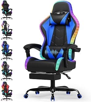 Devoko LED Gaming Chair with Footrest – Ergonomic Reclining Game Chair for Adults with Massage Lumbar Cushion, RGB Lights, High Back, Adjustable PC Gamer Chair, Blue