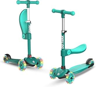 KS2 Kick Scooter for Kids with Removable Seat and Adjustable Height, Foldable Kids Scooters with Light Up 3 Wheels for Girls and Boys Ages 2-8