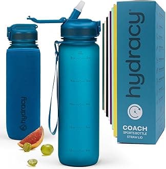 Hydracy Water Bottle with Times to Drink & Straw - Large 1 Litre BPA Free Motivational Water Bottle & No Sweat Sleeve -Leak Proof Gym Bottle with Time Marker - Ideal for Fitness, Sports & Outdoors