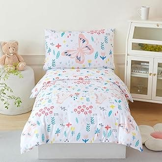 PERFEMET Girls Floral Comforter Set Twin Size 4 Pieces Botanical Flower Bedding Set Butterfly Pattern Teens Kids Bed in a Bag with Sheets for All Seasons(White, Twin)