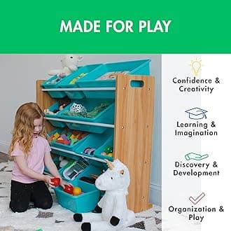 Humble Crew Kids Toy Storage Organizer with 12 Plastic Bins, Natural Wood/Aqua – Removable Bins for Playroom, Bedroom, Toddler Furniture for Boys and Girls Ages
