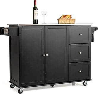GLACER Kitchen Island Cart on Wheels, Rolling Kitchen Cart with Stainless Steel Countertop, Rolling Kitchen Island for Kitchen, Dining Room, Restaurant, 53 x 18 x 36 inches (Black)