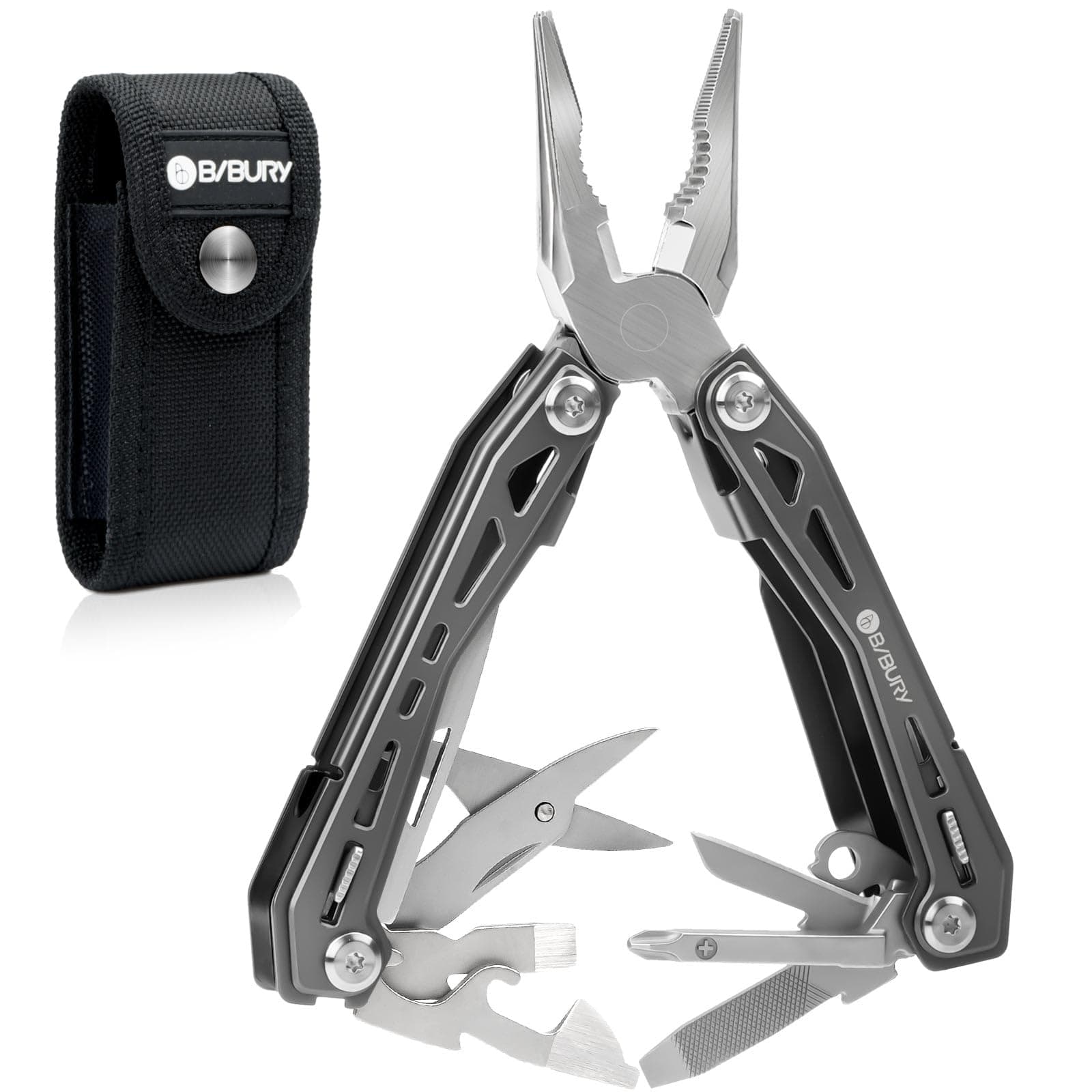 Multitools BI2043, 17-in-1 Portable Multitool Foldable Spring-Loaded Pliers with Scissors, Can Opener & Screwdriver, EDC Tools for Camping, Outdoor Activities, Home Repair - Titanium Plating