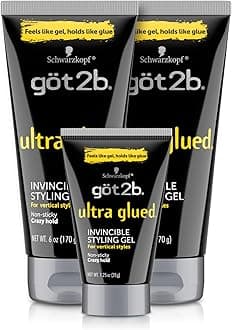 got2b Ultra Glued Invincible Styling Gel Set, 6 Fl Oz (2-Tube) + 1.25 Fl Oz Travel Size, Hair Gel for Men and Women with Extra Strong Hold, Non-Sticky, No-Flake Formula for Vertical Styles