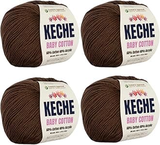 Keche Cotton Yarn, 60% Cotton 40% Acrylic Yarn, Soft Cotton Yarn for Crochet and Knitting, Amigurumi Yarn 4 Skeins/Balls [1.76 Oz (50g) / 180 Yrds (165m)] x 4 - Brown
