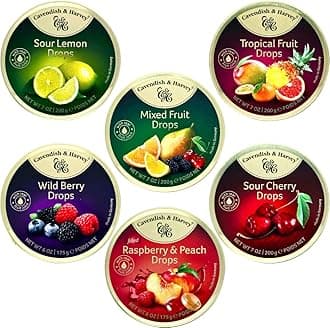 Cavendish and harvey variety flavor hard candy drops sour cherry, wild berry, tropical fruit, sour lemon, raspberry and peach, mixed fruit and other flavors tins 6 Pack by snackwave to cavendish and