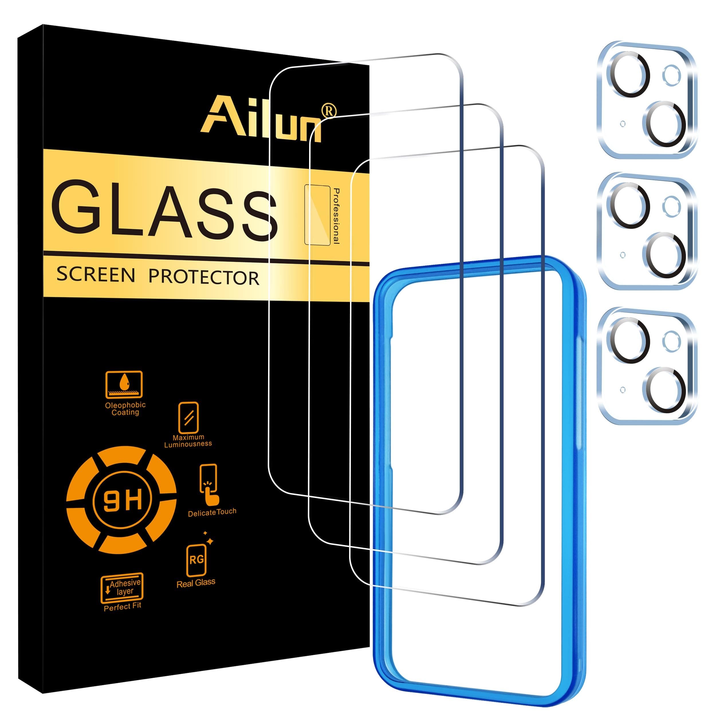 Ailun3 Pack Screen Protector for iPhone 15 Plus [6.7 inch] + 3 Pack Camera Lens Protector with Installation Frame,Case Friendly Tempered Glass Film,[9H Hardness] - HD[6 Pack]