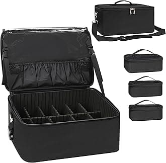 Relavel Extra Large Makeup Case Professional Cosmetic Storage Organizer Box Brush Holder with 4 Clear Set Bags & Lipstick Plate for Makeup Artists, Black pro, L, Professional Makeup Case for Makeup